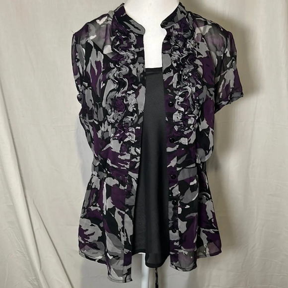 purple & black floral ruffle Apt 9 cami & button up top set size large - Picture 1 of 3